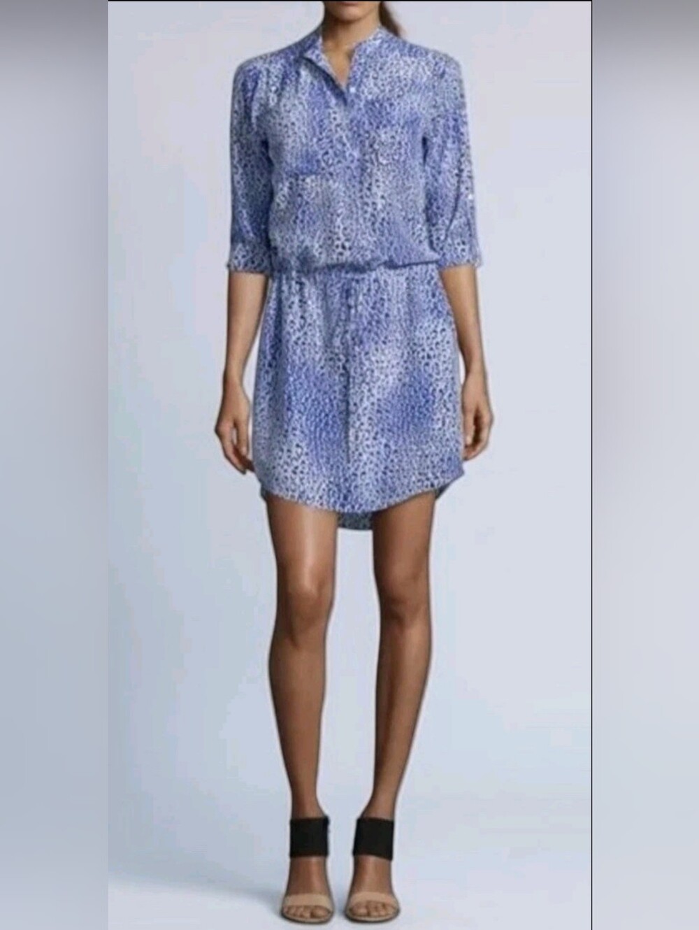Rebecca Taylor Leopard Fever Animal Print Silk Shirt Dress Blue Quiet Luxury 6